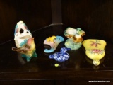 (R3) ASSORTED PORCELAIN ITEMS; ONE YELLOW BROOM THEMED WALL POCKET, ONE BLUE DUCK FLYING OUT OF POND