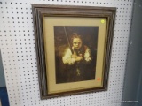 (WALL) FRAMED COLONIAL PRINT; COLONIAL STYLE OF COLONIAL GIRL WITH RED HAIR HOLDING A BROOM 2' 6