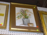 (WALL) FRAME PRINT; OF A POT NEXT TO A METAL BUCKET WITH PLANTS GROWING OUT OF IT ON A TABLE. MATTED
