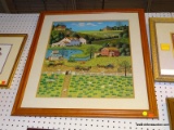(WALL) FRAMED PRINT; DEPICTING A SMALL TOWN WITH A WATERMELON FIELD WITH HORSE CARRIAGES GOING DOWN