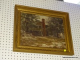 (WALL) FRAMED PRINT; BY PAUL T. SAGASIN IT DEPICTS A CABIN IN THE WOODS ON A DARK GRAY SKY AT THE