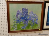 (WALL) FRAME PRINT; OF HAND PAINTED VIOLET FLOWERS WITH A GREEN BACKGROUND. 1' 8-1/2