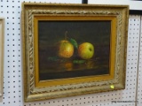 (WALL) FRAMED PRINT; STILL LIFE PAINTING BY J. KAKEL OF TWO APPLES WITH WATER DRIPPING OFF THE SIDES