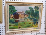 (WALL) FRAMED PRINT; A LANDSCAPE PAINTING OF A SMALL HOUSE ON A HILL WITH A SMALL SHED WITH A BROKEN