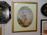 (WALL) FRAMED PRINT; A PRINT OF A CHERUB WITH A TORCH JUMPING IN THE SKY WITH PAIRS OF DOVES FLYING