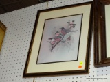 (WALL) FRAMED PRINT; BY FMASSA OF TWO SPARROWS ON A CHERRY BLOSSOM WITH A BUTTERFLY. DOUBLE MATTED