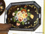 (WALL) BLACK DETECTIVE BLACK TOLE TRAY; ONE BLACK TOLE TRAY WITH POND SHAPED CUT OUTS ON THE RIM