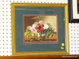 (WALL) FRAMED PRINT; BY I.L.LINSANG OF A ARRANGEMENT OF FLOWERS ON A SMOOTH STONE LEAGUE. DOUBLE