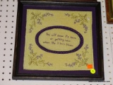 (WALL) FRAMED NEEDLE POINT; VINTAGE NEEDLEPOINT WITH THE QUOTE 