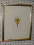 (WALL) FRAMED FLORAL PRINT; DEPICTS A SINGULAR YELLOW FLOWER WITH A GREEN STAMEN. DOUBLE MATTED IN