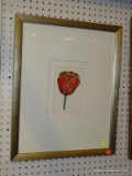 (WALL) FRAMED FLORAL PRINT; DEPICTS A SINGULAR PINK FLOWER WITH YELLOW TIPS. DOUBLE MATTED IN WHITE