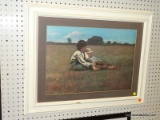 (WALL) FRAMED VICTORIAN PRINT; DEPICTS 2 BOYS SITTING IN A A LARGE GRASS FIELD. SITS IN A PURPLE MAT
