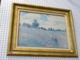 (WALL) FRAMED VICTORIAN PRINT ON BOARD; PRINT DEPICTS 2 PAIRS OF PEOPLE WALKING THROUGH A FIELD OF