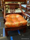 (R1) HEAVILY CARVED CHINESE ARMCHAIR; ROSEWOOD ARM CHAIR WITH CARVINGS ALONG THE BACK, SIDES, AND