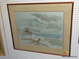 (WINDOW) FRANK TREGARTHEN BROKENSHAW WATERCOLOR; BLUE TONED WATERCOLOR DEPICTING 2 HORSES STANDING