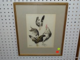 (WINDOW) FRANK TREGARTHEN BROKENSHAW WATERCOLOR; MULTI-COLORED WATERCOLOR OF 2 HENS AND A ROOSTER.