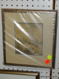 (WINDOW) VINTAGE WATERCOLOR; BLACK AND WHITE WATERCOLOR DEPICTING A BRIDGE SITTING IN FRONT OF