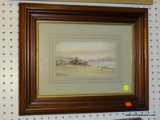 (WINDOW) FRAMED WATERCOLOR; WATERCOLOR DEPICTING A LAKESIDE BEACH WITH MOUNTAINS IN THE BACK. SIGNED