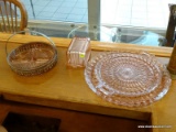 (R1) LOT OF PINK DEPRESSION GLASS; 4 PIECE LOT OF PINK DEPRESSION GLASS DISHES TO INCLUDE A BUTTER