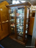 (R1) OAK CHINA CABINET; STAINED OAK, VINTAGE CHINA CABINET WITH 21 BEVELED GLASS PANES ON EACH DOOR