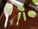 (R1) TOILETRY/VANITY SET; 7 PIECE GREEN CELLULOID BAKELITE VANITY SET TO INCLUDE AN ETCHED GLASS TUB