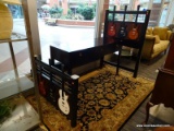 (WINDOW) TWIN SIZED GUITAR BED; BLACK TWIN SIZED WITH A RED, BLACK AND NATURAL WOOD GUITAR ON THE