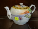 (R1) ANTIQUE NIPPON TEA POT; HAND PAINTED CERAMIC TEAPOT WITH A HAND PAINTED SCENE OF A SAILBOAT