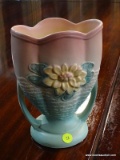 (R2) HULL WATER LILY VASE; HULL CERAMIC, TROPHY URN SHAPED, CREAM, PINK, AND GREEN WATER LILY VASE.