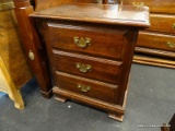 (R2) CHERRY NIGHTSTAND; 3-DRAWER, CHIPPENDALE STYLE NIGHTSTAND WITH BRASS BATWING PULLS. DRAWERS ARE