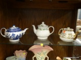 (R2) LOT OF TEA POTS; 3 PIECE LOT TO INCLUDE A BLUE AND WHITE ORIENTAL TEA POT (MADE IN ENGLAND), A