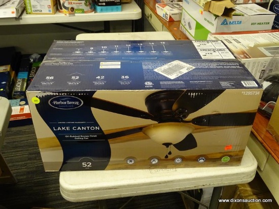 (R6) HARBOR BREEZE LAKE CANTON 52-IN OIL-RUBBED BRONZE CEILING FAN; MODEL #1295734. LED INDOOR FLUSH