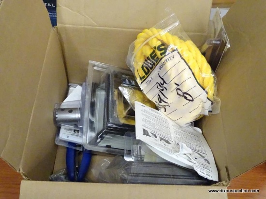 (R6) BOX LOT TO INCLUDE; DECKORATORS SOLAR VERSACAP, TREX 4X4 POST SLEEVE CAP, UNIVERSAL STRONGARM