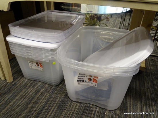 (R6) (8) BELLA CLEAR PLASTIC STORAGE TUBS; (6) 54 QT. SNAP LID TUBS WITH LIDS (DAMAGED/CRACKED
