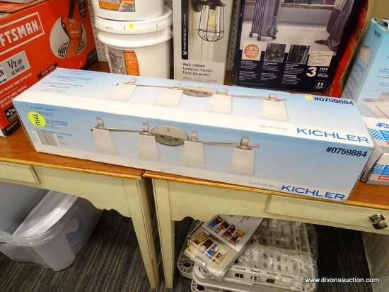 (R6) KICHLER OXBY 4-LIGHT NICKEL MODERN/CONTEMPORARY VANITY LIGHT; MODEL #0759884. MEASURES 30" X