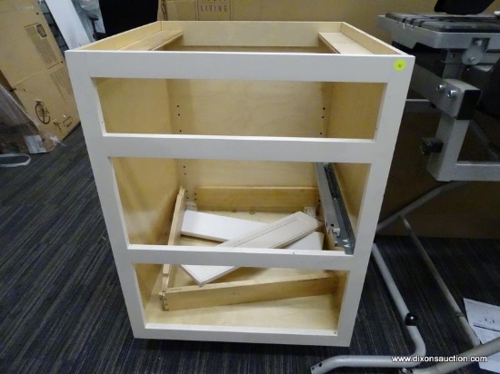 (R2) KITCHEN CABINET; WHITE 24" X 24"X 34.5" KITCHEN CABINET WITH 3 OPENINGS. MISSING SLIDES AND