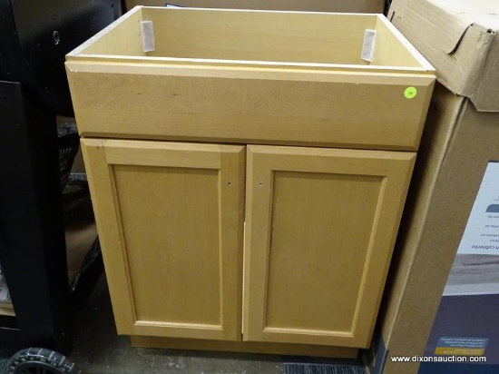 (R2) KITCHEN CABINET BASE; NATURAL WOOD GRAIN 24" X 18"X 32" KITCHEN CABINET WITH FAUX TOP DRAWER