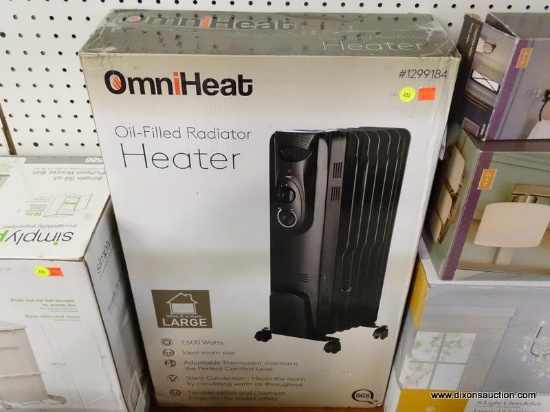 (R6) OMNI HEAT 1500-WATT OIL-FILLED RADIANT FLAT PANEL ELECTRIC SPACE HEATER; MODEL #1299134. COMES