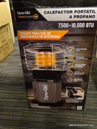 (R6) DYNA-GLO 10K BTU HEAT AROUND 360 PORTABLE PROPANE HEATER; MODEL #HA1360BK. COMES IN ORIGINAL