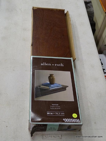 (R6) ALLEN + ROTH 30-IN WOOD WALL MOUNTED SHELVING; MODEL #EFC-FS04-30. DAMAGE TO A CORNER.