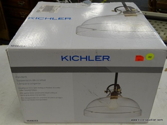 (R6) KICHLER WEATHERED ZINC PENDANT LIGHT TRANSITIONAL SEEDED GLASS PENDANT LIGHT; MODEL #1048253.