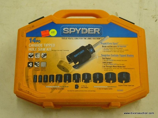 (R6) SPYDER 14PC. CARBIDE TIPPED HOLE SAW KIT; MODEL #600880. HAS BEEN USED, MISSING PIECES.