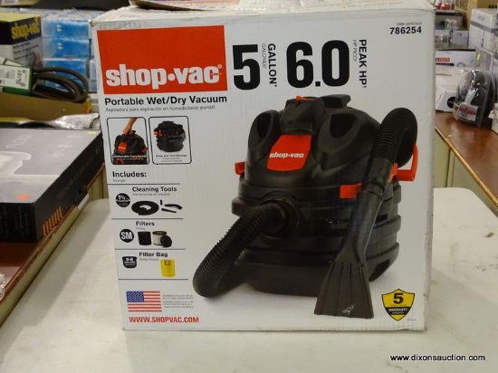 (R6) SHOP-VAC 5-GALLON 6-HP PORTABLE WET/DRY SHOP VACUUM; ITEM #786254. COMES IN OPEN BOX, MIGHT BE