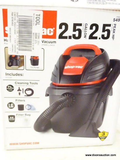 (R5) SHOP-VAC 2.5-GALLON 2.5-HP HANDHELD WET/DRY SHOP VACUUM; MODEL #9303511. OPEN BOX, MAY BE