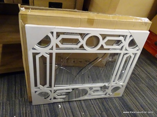 (R1) OPENWORK MIRROR; 29.5" GEOMETRIC OPENWORK MATTE WHITE DECORATIVE RECTANGULAR WALL MIRROR. MODEL