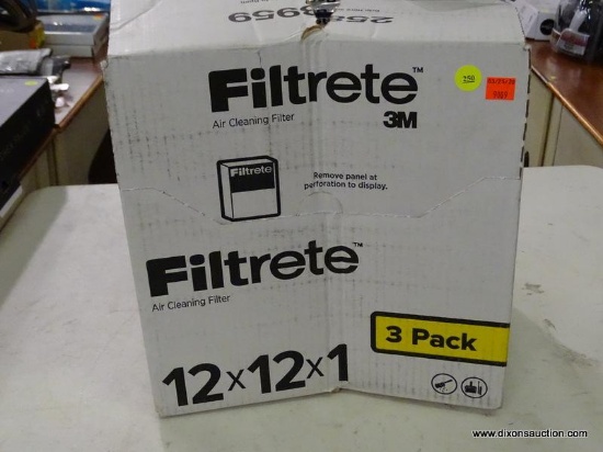 (R5) 3M FILTRETE AIR CLEANING FILTERS; 3 PACK, 12 X 12 X 1 AIR FILTERS. BOX DISPLAYS DAMAGE.