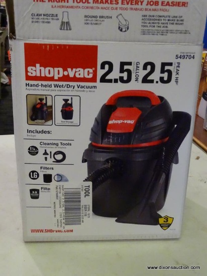 (R5) SHOP-VAC 2.5-GALLON 2.5-HP HANDHELD WET/DRY SHOP VACUUM; MODEL #9303511. OPEN BOX, MAY BE