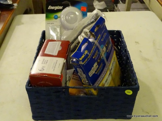 (R5) BLUE WOVEN TWO-HANDLED BASKET & CONTENTS TO INCLUDE; BRASSCRAFT UNIVERSAL GAS INSTALLATION KIT,