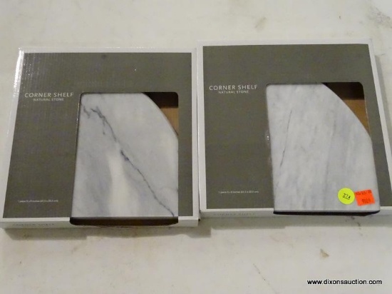(R5) LOT OF (2) POLISHED BIANCO VENATINO MARBLE CORNER SHELVES; MEASURES 9-IN X 9-IN. BOTH ARE NEW.