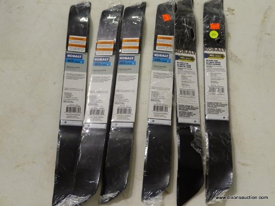 (R5) LOT OF (6) KOBALT 21-IN LAWN MOWER BLADES; (2) 80V MAX & (4) 40V MAX BLADES. ALL BRAND NEW.