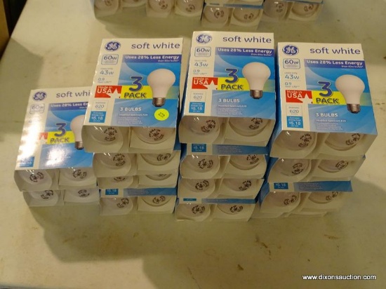 (R5) LOT OF (14) 3-PACKS G.E. 60W SOFT WHITE LIGHT BULBS; 620 LUMENS. ALL BRAND NEW.